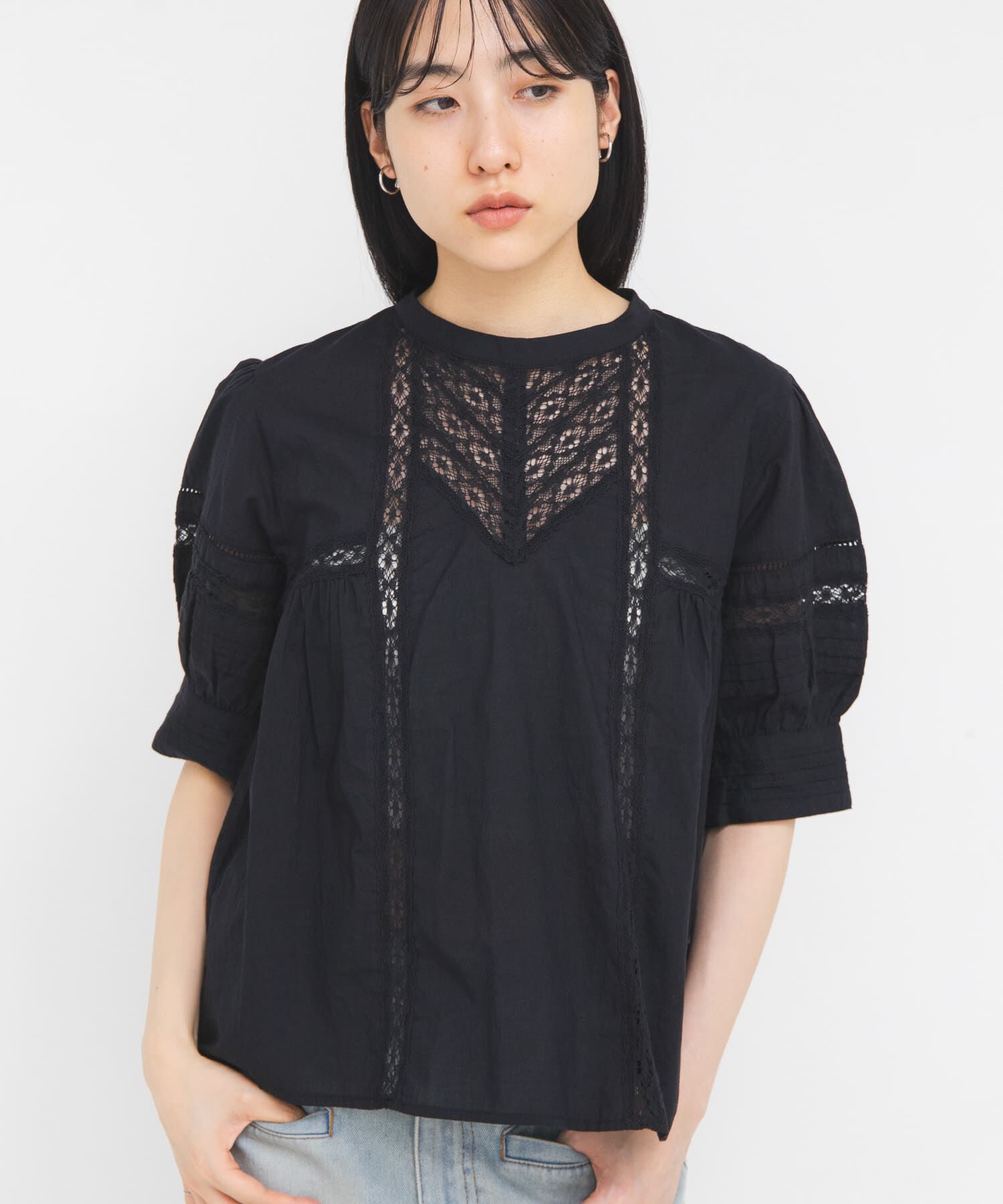  「MIXレースディティールブラウス」|シャツ・ブラウス|ブラック
