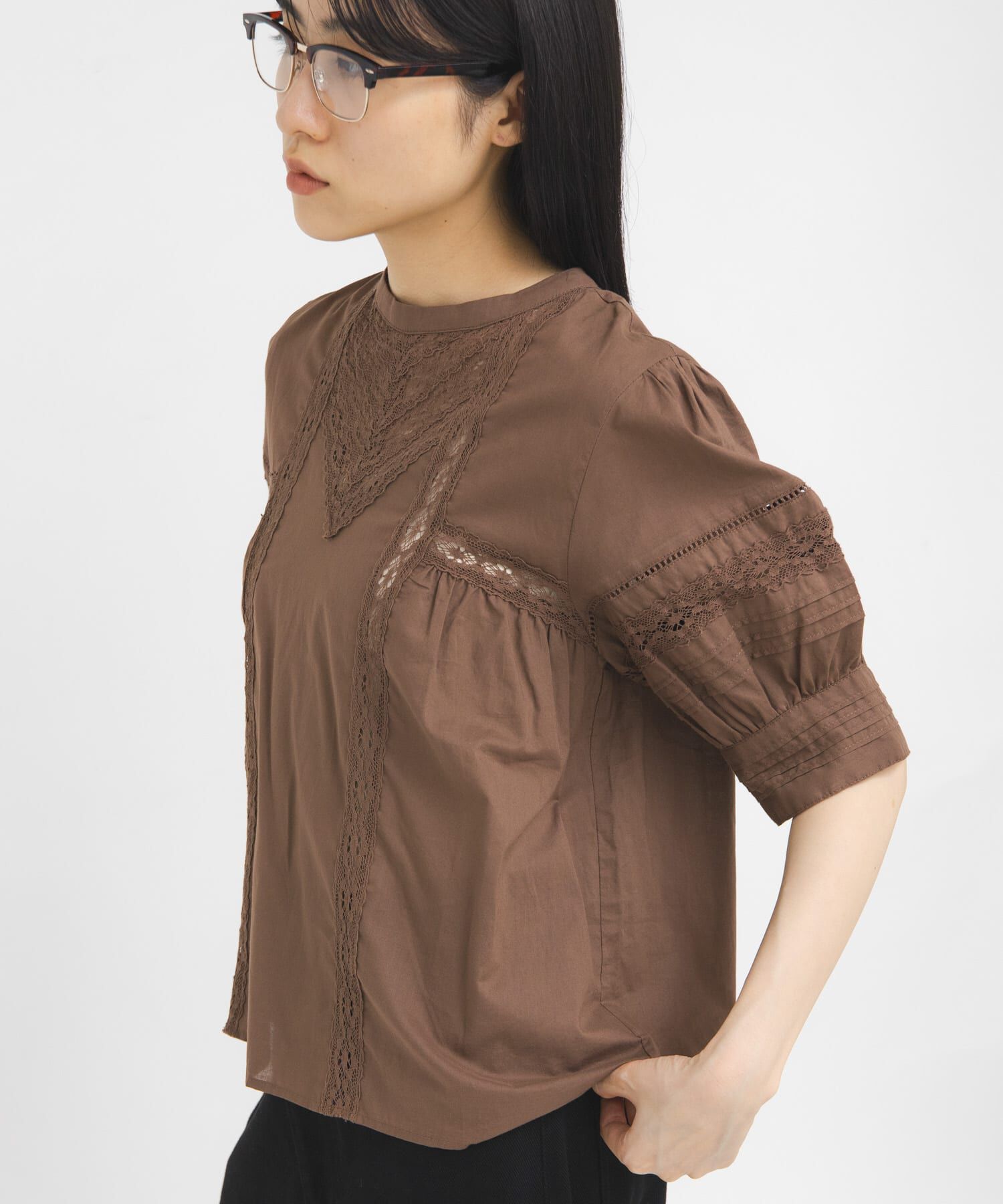  「MIXレースディティールブラウス」|シャツ・ブラウス|ブラウン