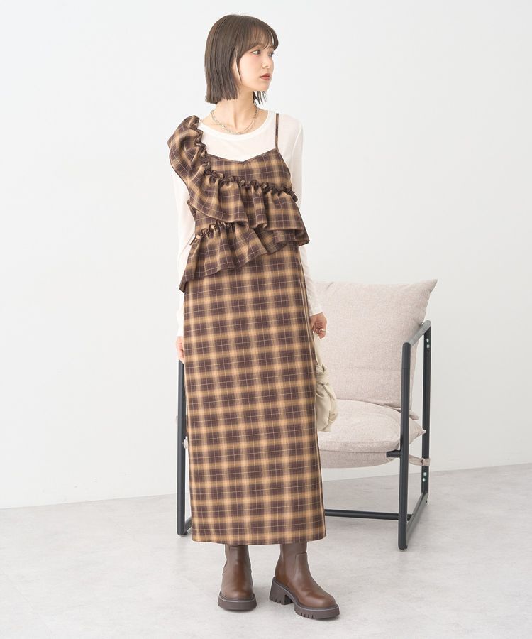 earth music&ecology「2wayフリルチェックキャミワンピース」|ワンピース|Brown