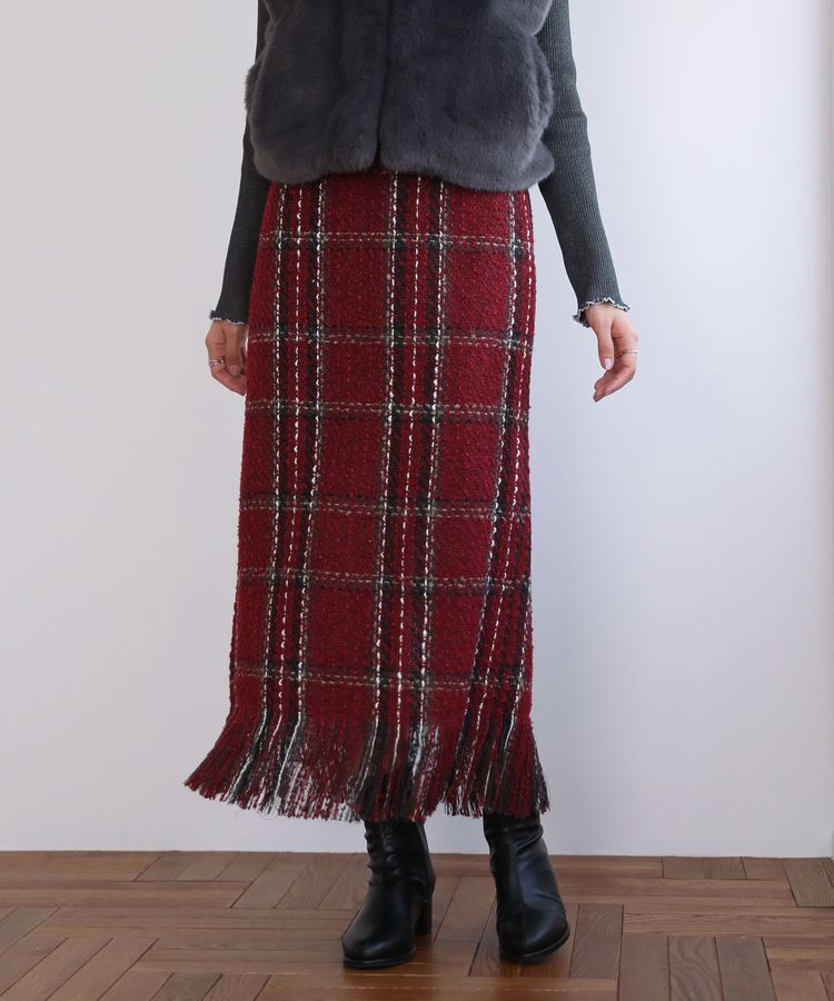 Green Parks「・SUGAR SPOON チェックフリンジスカート」|タイト|Bordeaux
