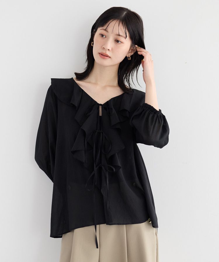 YECCA VECCA「ラッフルリボンシアーブラウス」|シャツ・ブラウス|Black