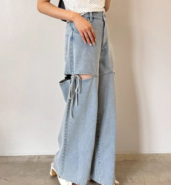  「【ウエストサイズ調整可】サイドあきリボンワイドデニム」|その他|