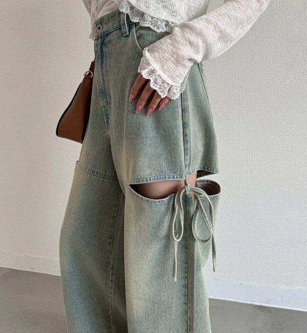  「【ウエストサイズ調整可】サイドあきリボンワイドデニム」|その他|ブルー