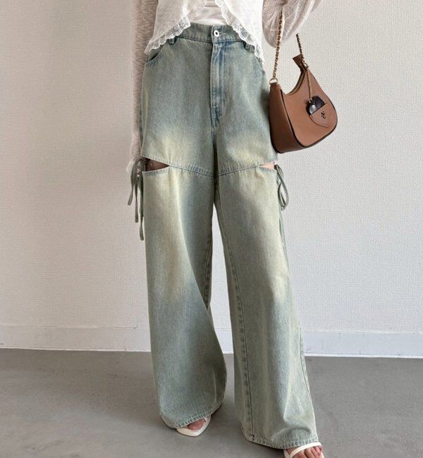  「【ウエストサイズ調整可】サイドあきリボンワイドデニム」|その他|