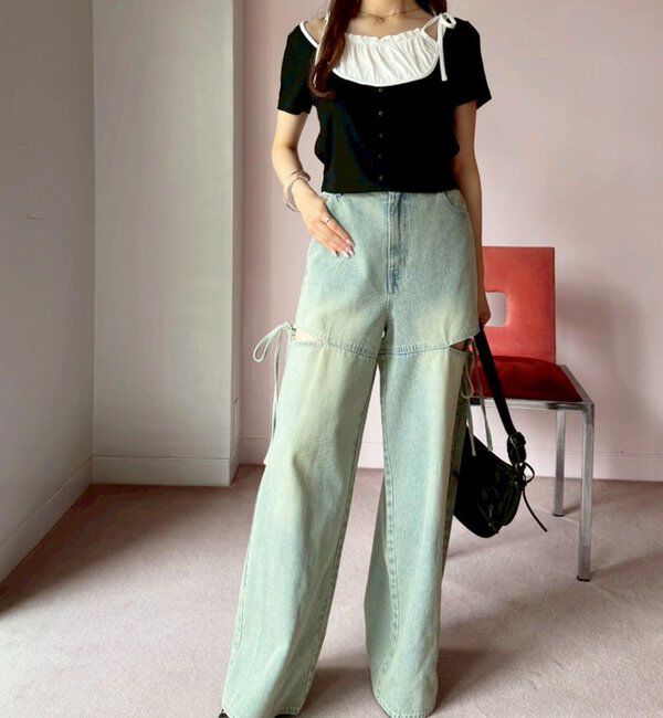  「【ウエストサイズ調整可】サイドあきリボンワイドデニム」|その他|