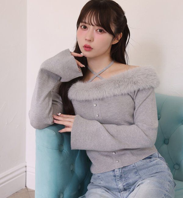  「キラキラボタンファーオフショルニット」|ニット・セーター|グレー