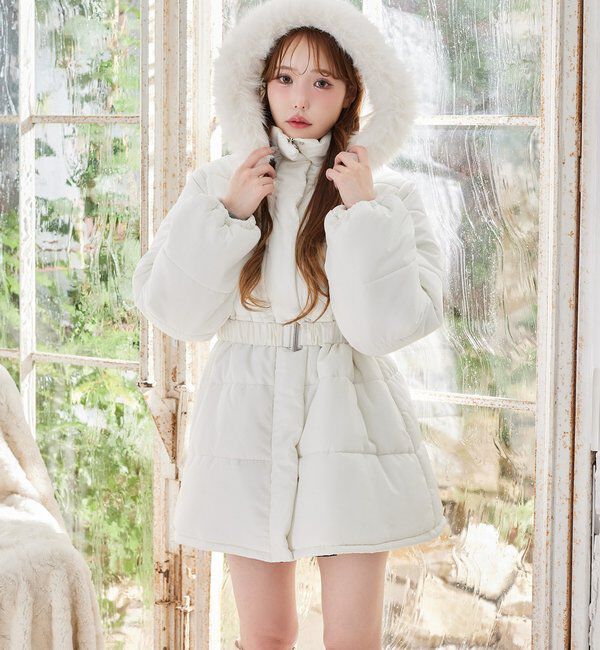  「ベルト付きフェイクファーフードフェイクダウン」|その他|