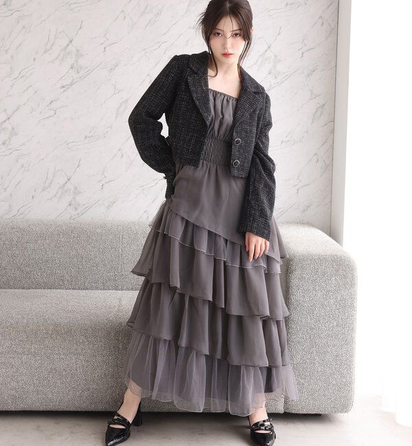  「サイドベルトツイードショートジャケット」|ダウンベスト・ベスト|