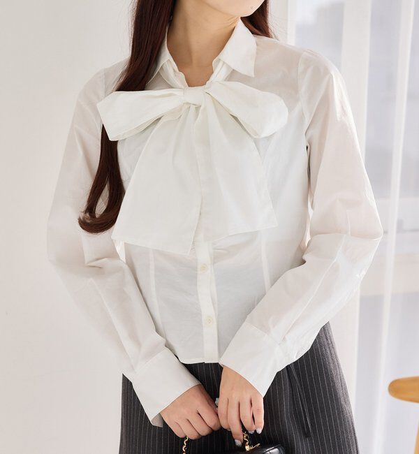  「【リボン取り外し可能】フロントギャザーボウタイシャツ」|シャツ・ブラウス|