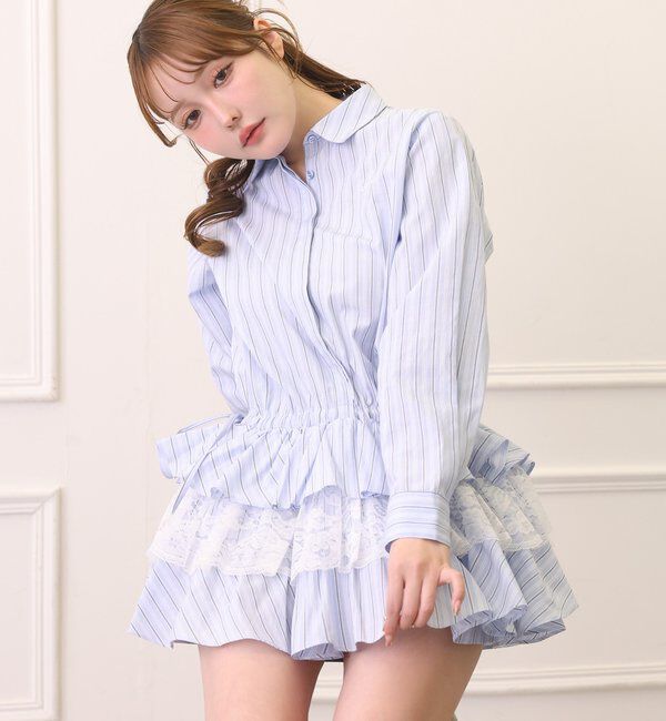  「裾ティアードシャツワンピース」|シャツ・ブラウス|ブルー系その他