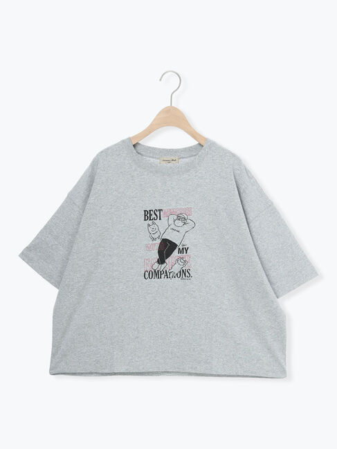 Samansa Mos2「ヴィンテージ風天竺おじさんプリント刺繍Tシャツ」|Tシャツ・カットソー|グレー