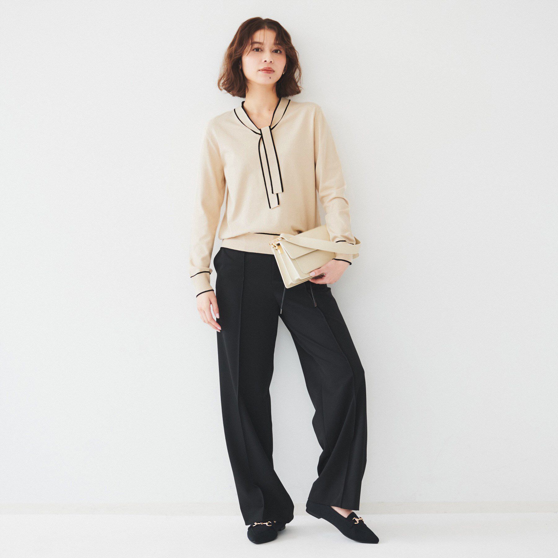 UNTITLED「【アンサンブル可能】ボウタイ 配色プルオーバーニット」|ニット・セーター|