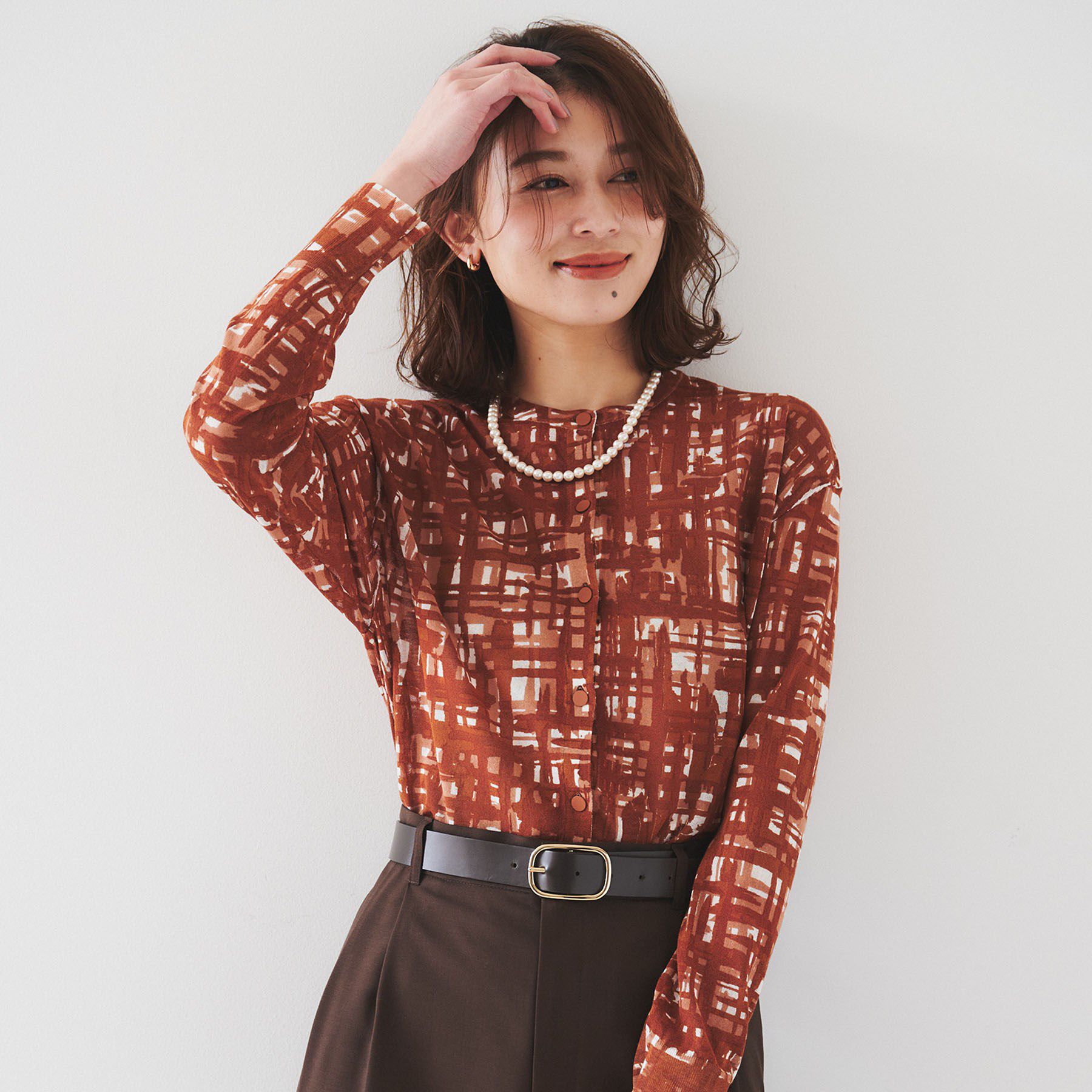 UNTITLED「【セットアップ可能/アンサンブル可能/シアー】チェックプリント カーディガンニット」|カーディガン|