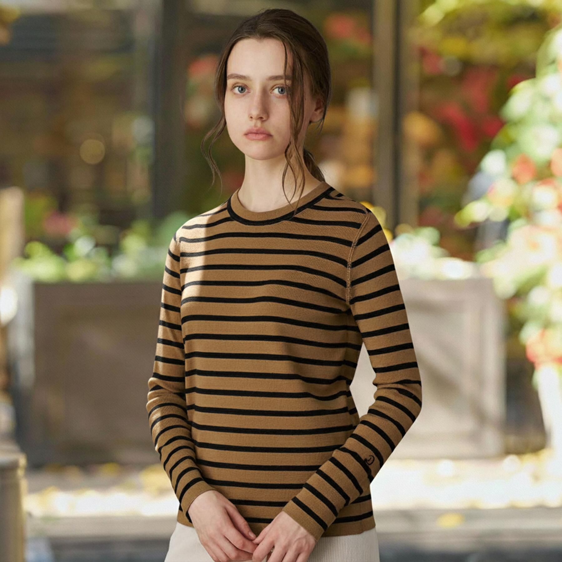 DRESSTERIOR「ストレッチフルニードルボーダーニット」|ニット・セーター|キャメルブラウン(3