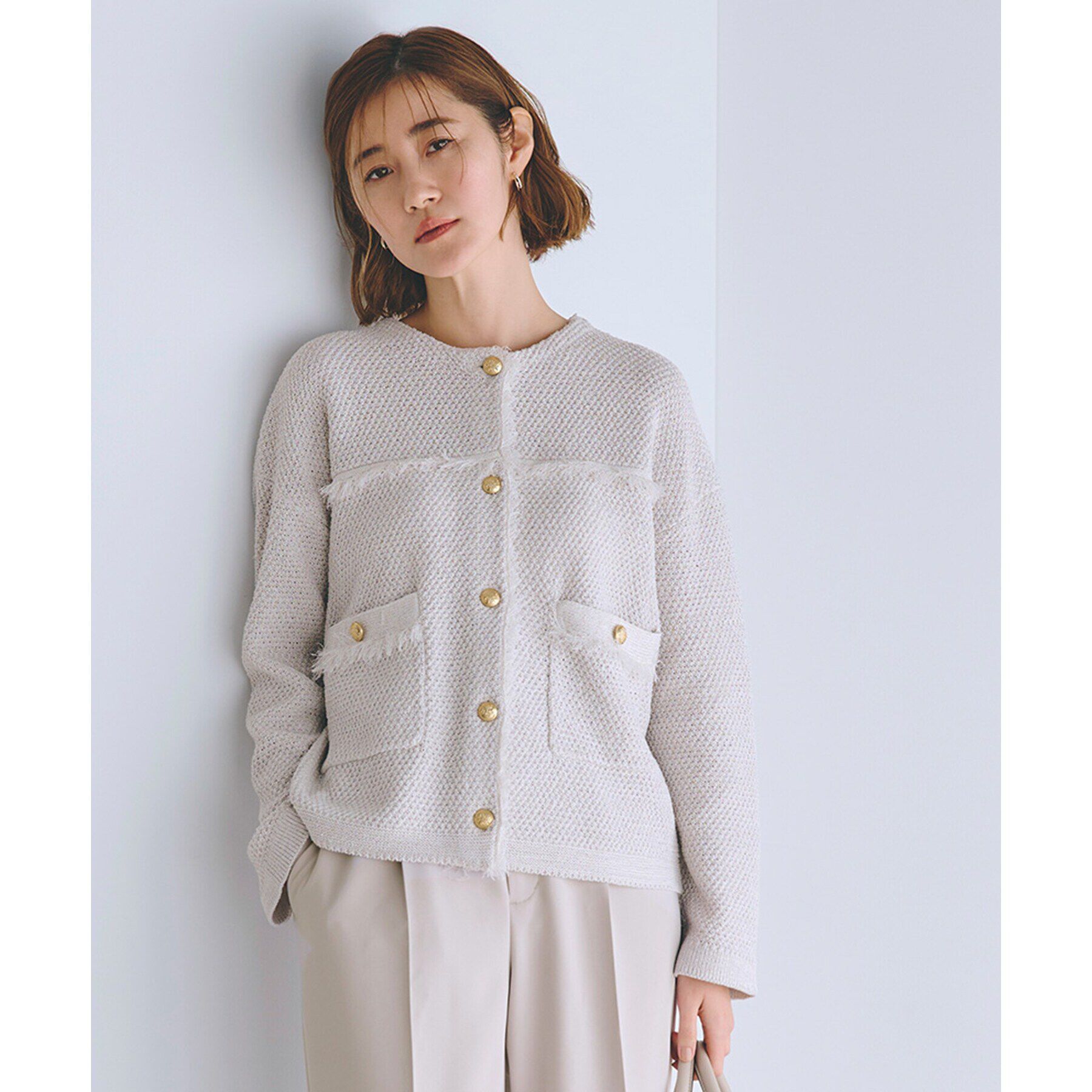 grove「ツイードニットジャケット」|ノーカラージャケット|ライトグレー(010