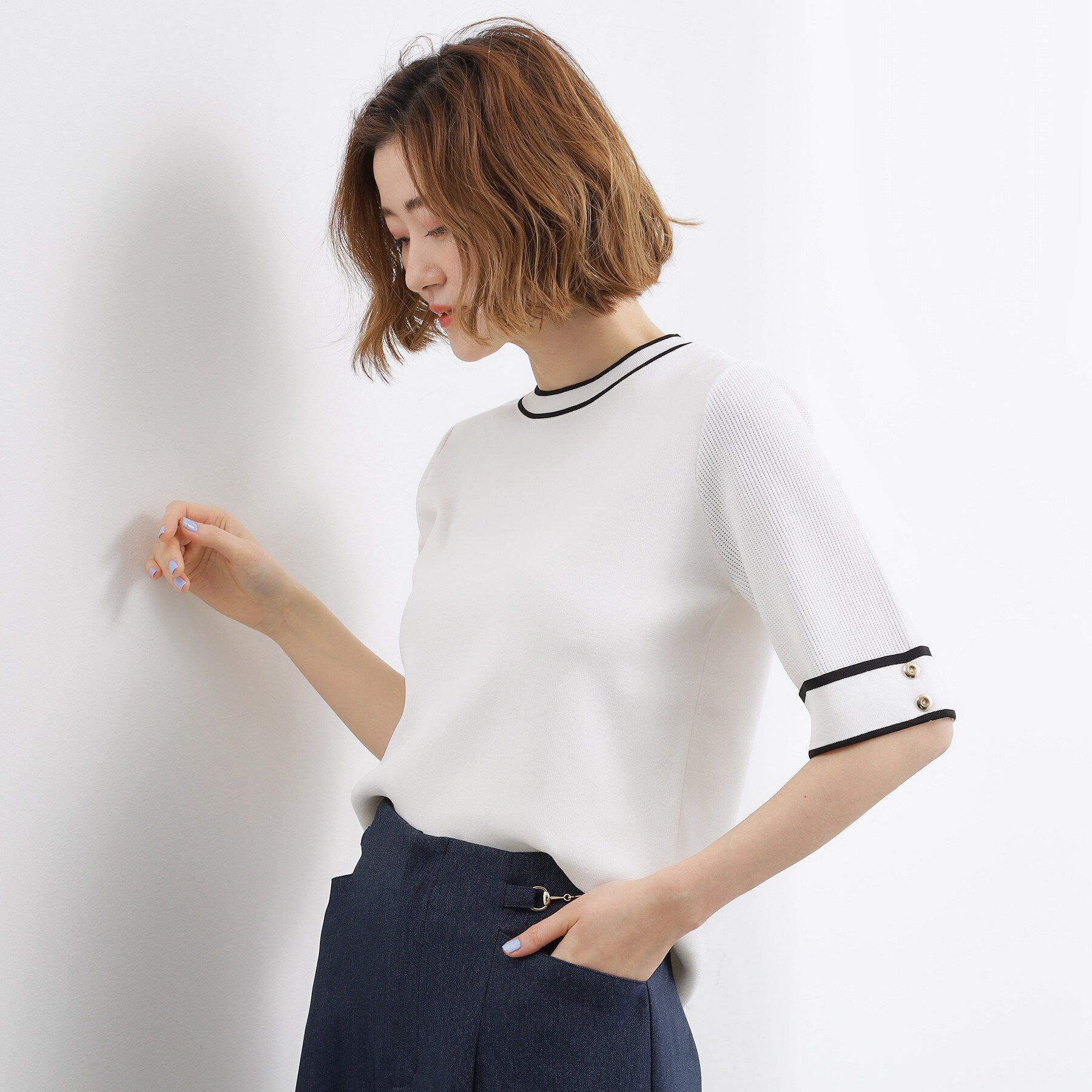 grove「【貴島明日香さん着用】やわらかドライタッチ 袖メッシュ編みニット」|ニット・セーター|