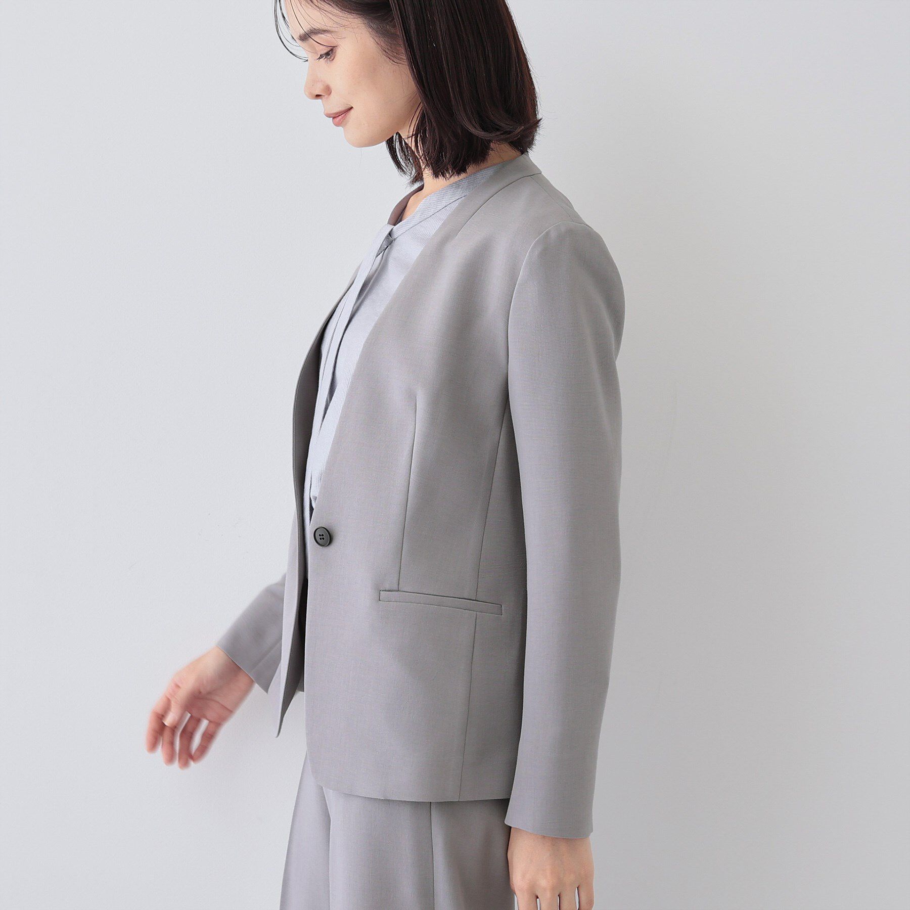 INDIVI「【定番スーツ／UVケア／洗える】ウール調ノーカラージャケット」|スーツ|
