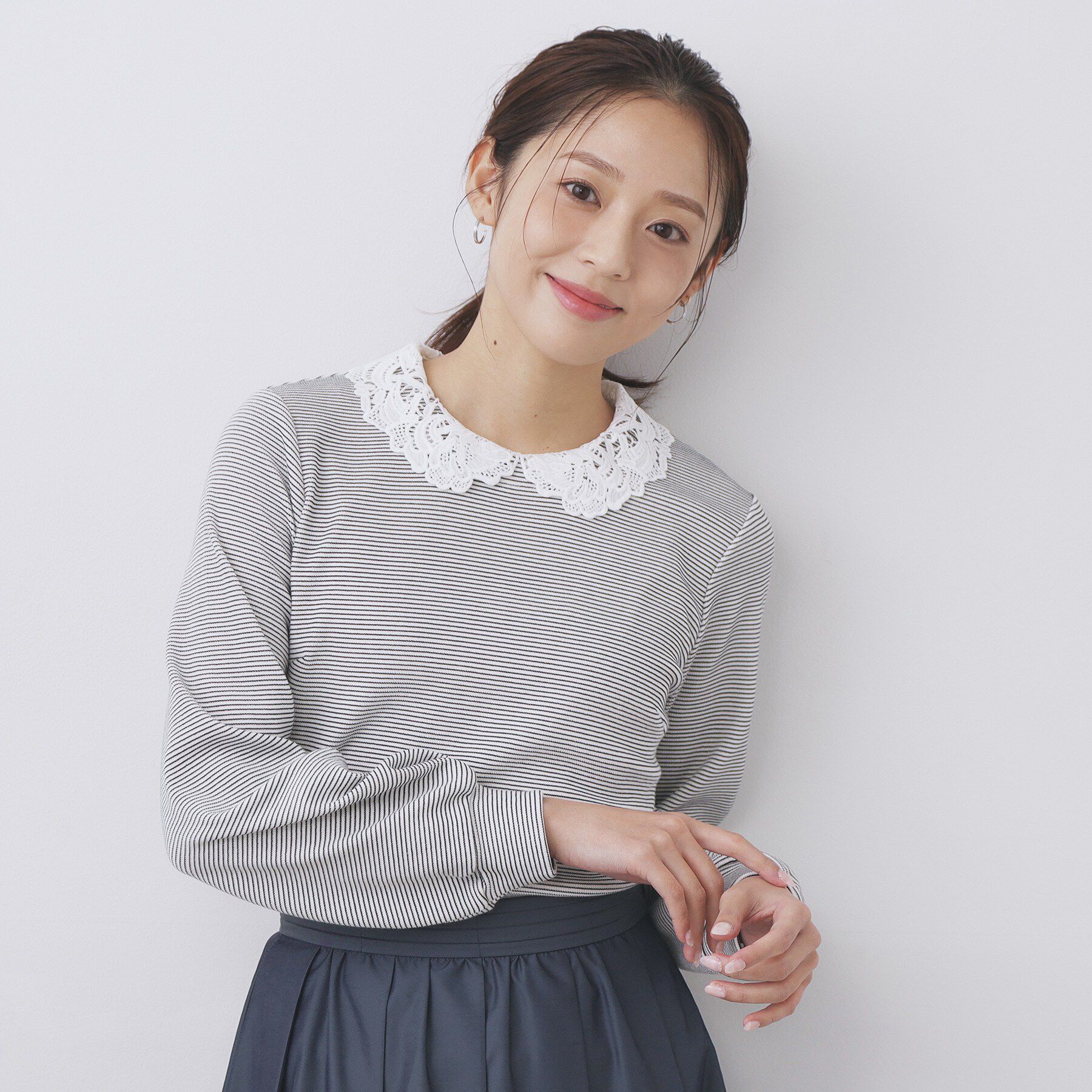 index「レース衿付きピケジャージトップス【洗濯機OK】」|Tシャツ・カットソー|オフホワイト(303