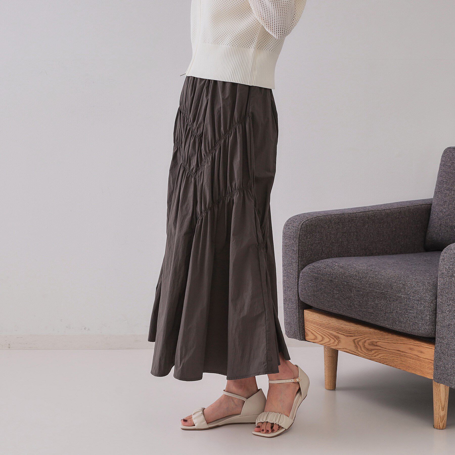 OPAQUE.CLIP「シャーリングアシメフレアスカート【洗濯機洗い可】」|スカート|