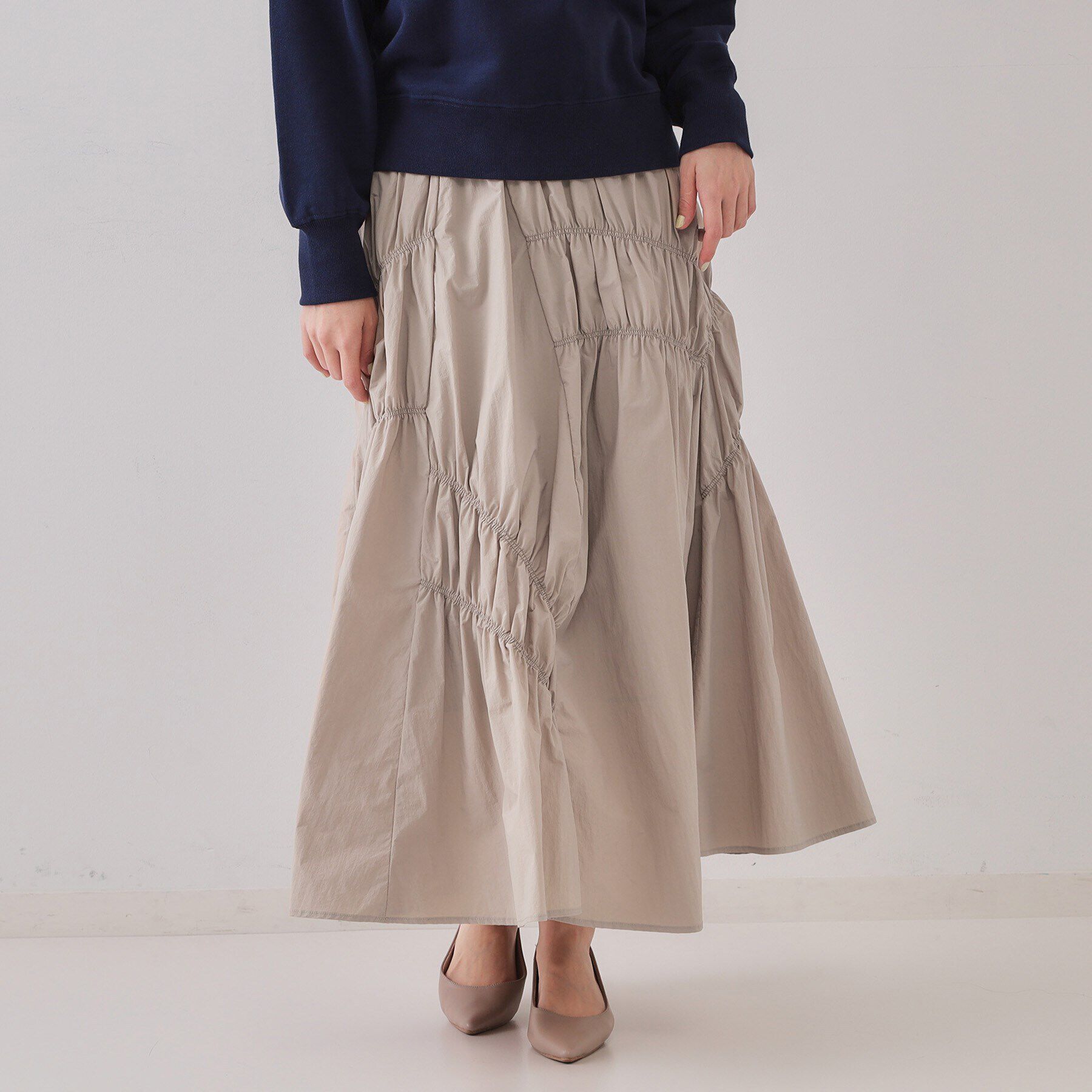 OPAQUE.CLIP「シャーリングアシメフレアスカート【洗濯機洗い可】」|スカート|