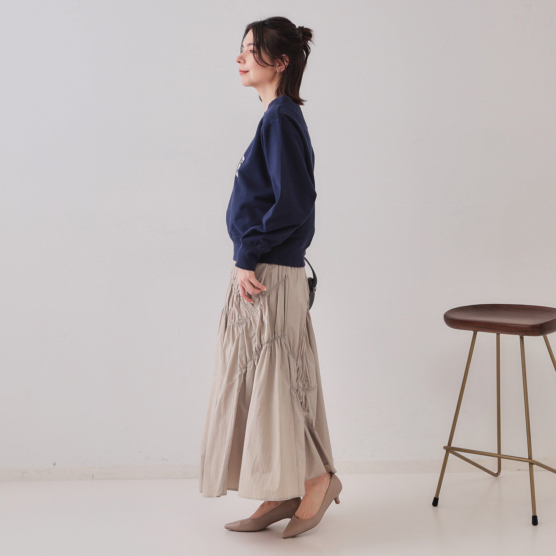OPAQUE.CLIP「シャーリングアシメフレアスカート【洗濯機洗い可】」|スカート|