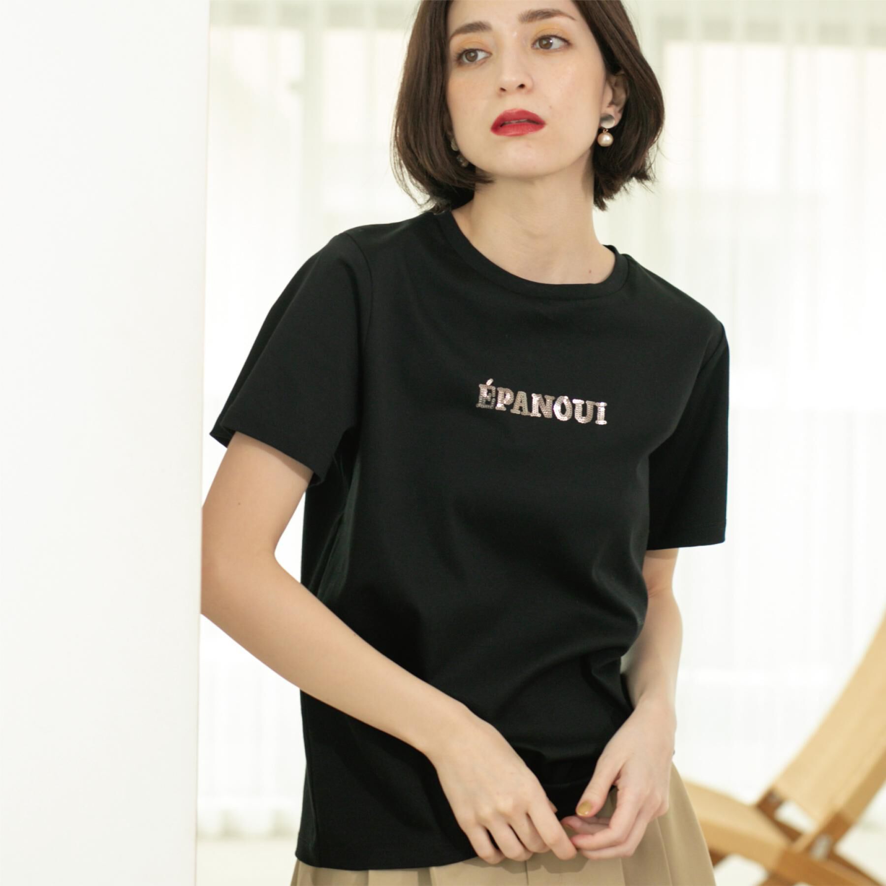 OPAQUE.CLIP「刺繍＆スパンコールロゴTシャツ【洗濯機洗い可】」|Tシャツ・カットソー|