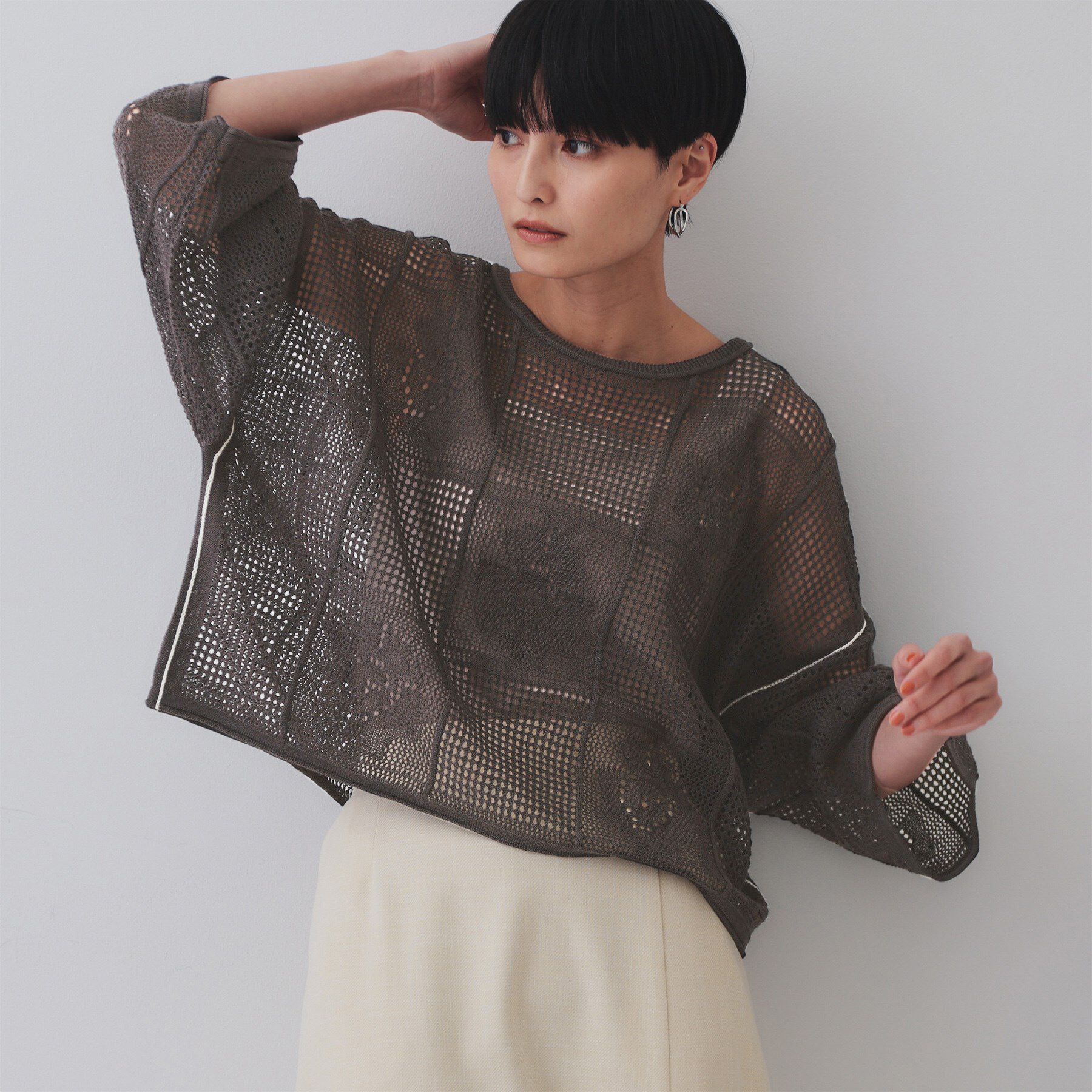 OPAQUE.CLIP「麻混モチーフ柄スカシニット【洗濯機洗い可】」|ニット・セーター|チャコールグレー(0