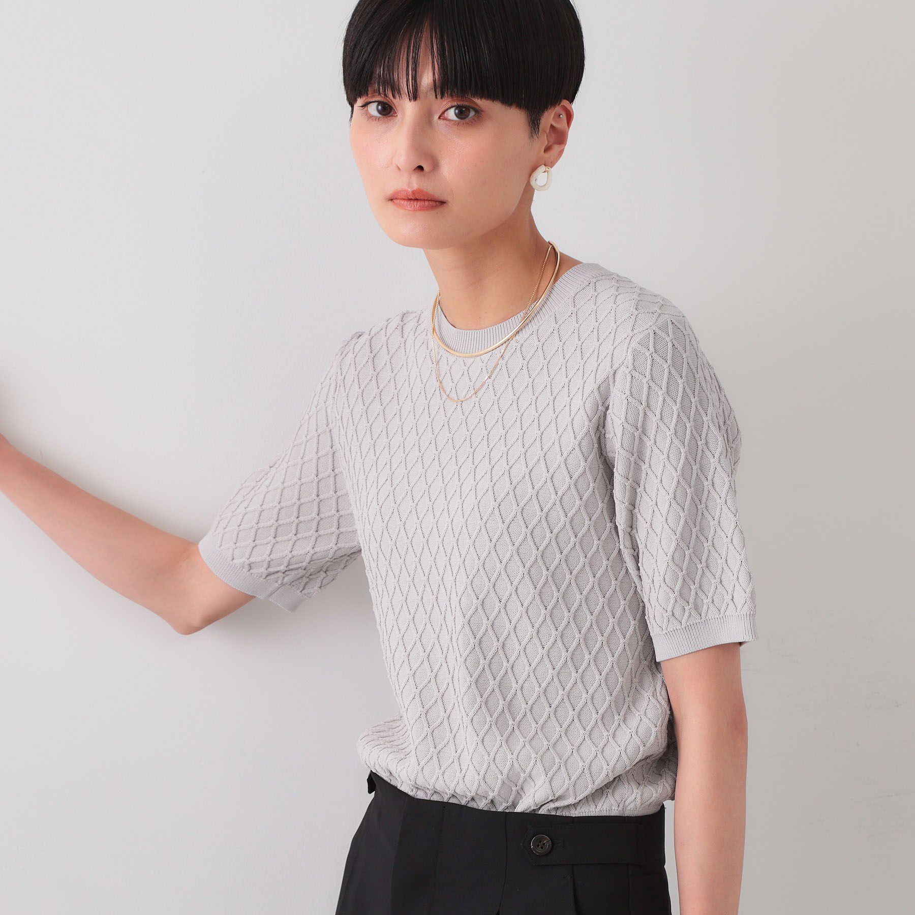 OPAQUE.CLIP「柄編みハーフスリーブニット【洗濯機洗い可】」|ニット・セーター|グレージュ(050)