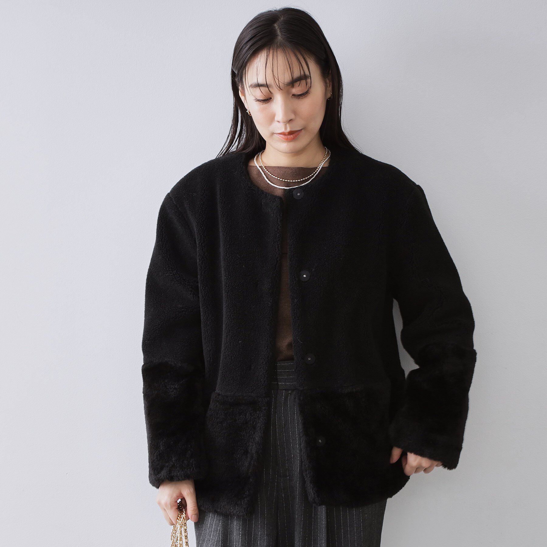 OPAQUE.CLIP「フェイクボア切替ショートコート」|ノーカラーコート|ブラック(019)