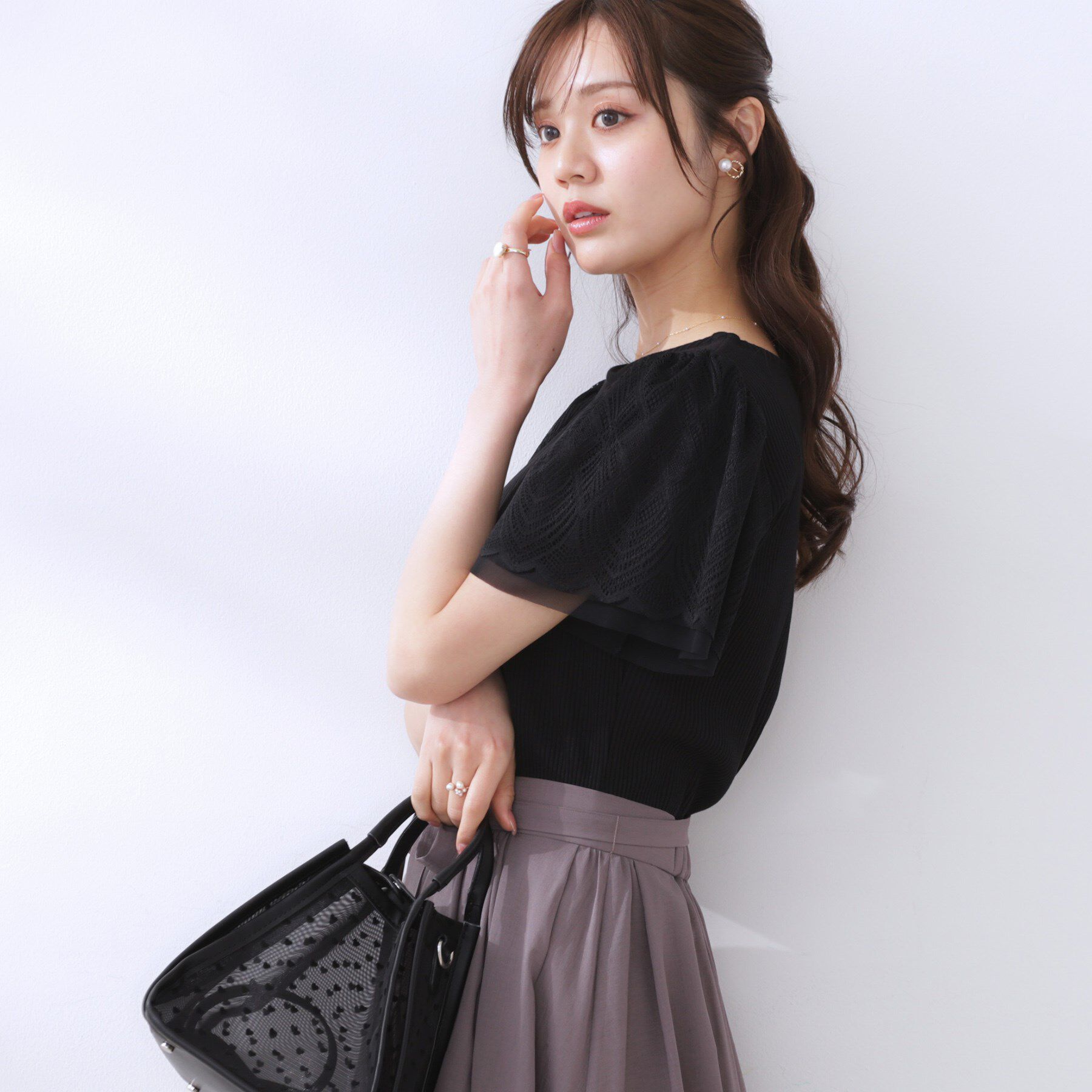 Couture broach「【二の腕カバー・通勤】レース袖テレコトップス」|Tシャツ・カットソー|