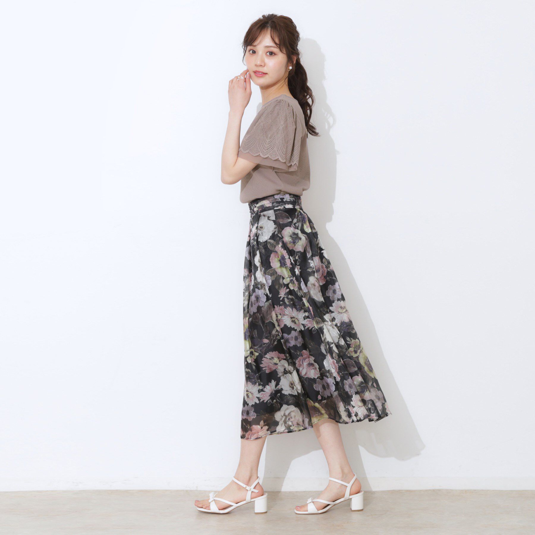 Couture broach「【二の腕カバー・通勤】レース袖テレコトップス」|Tシャツ・カットソー|