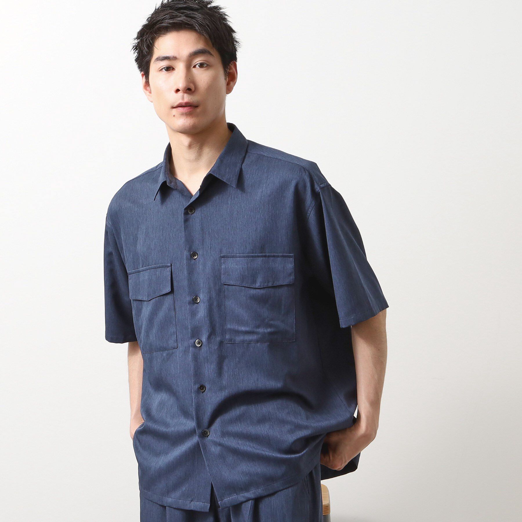 THE SHOP TK「クールファイバーダブルフラップ半袖シャツ　接触冷感／吸水速乾／UVケア／軽量／セットアップ可」|シャツ・ブラウス|