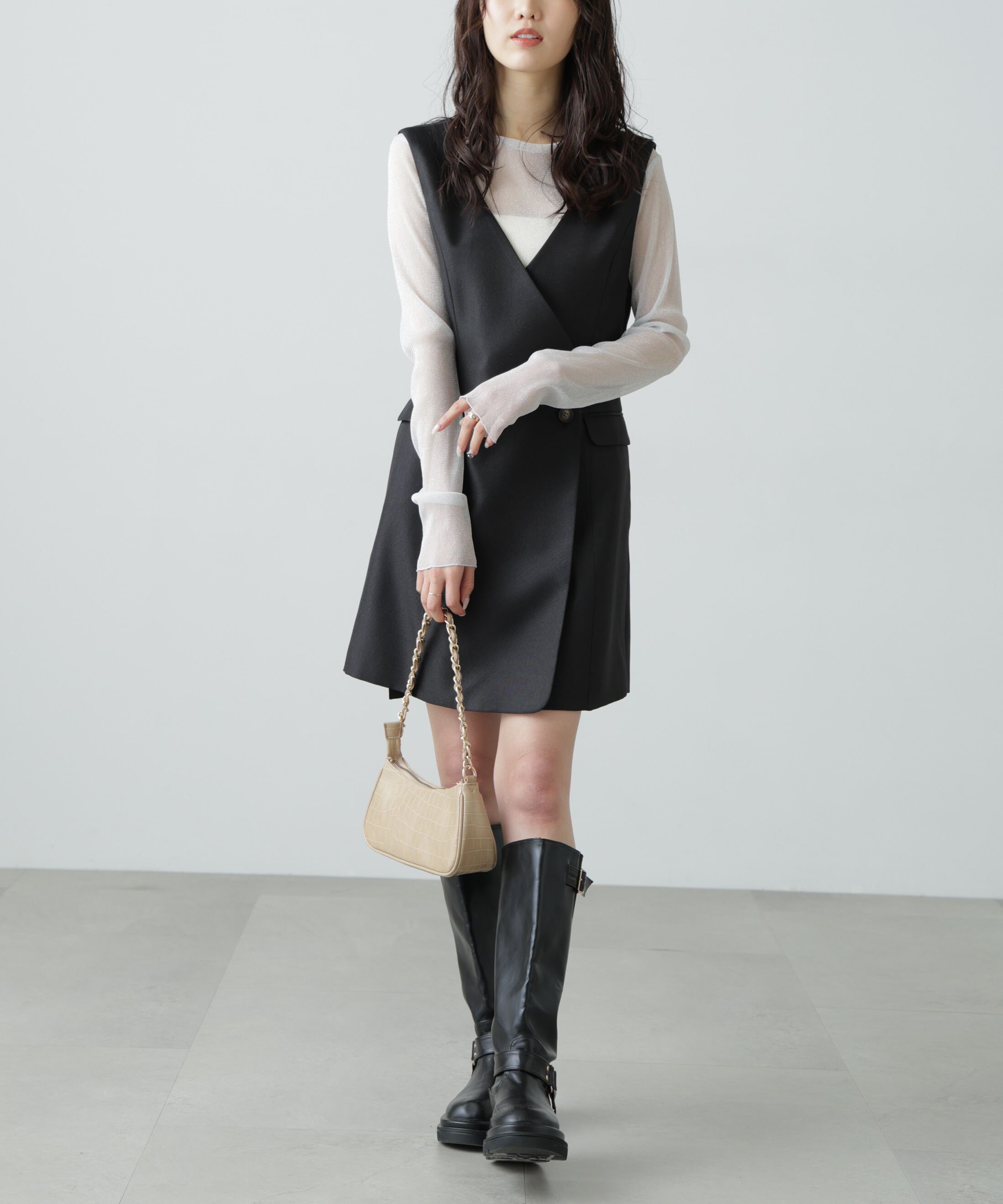  「ジレ風ラップミニジャンパースカート」|ワンピース|