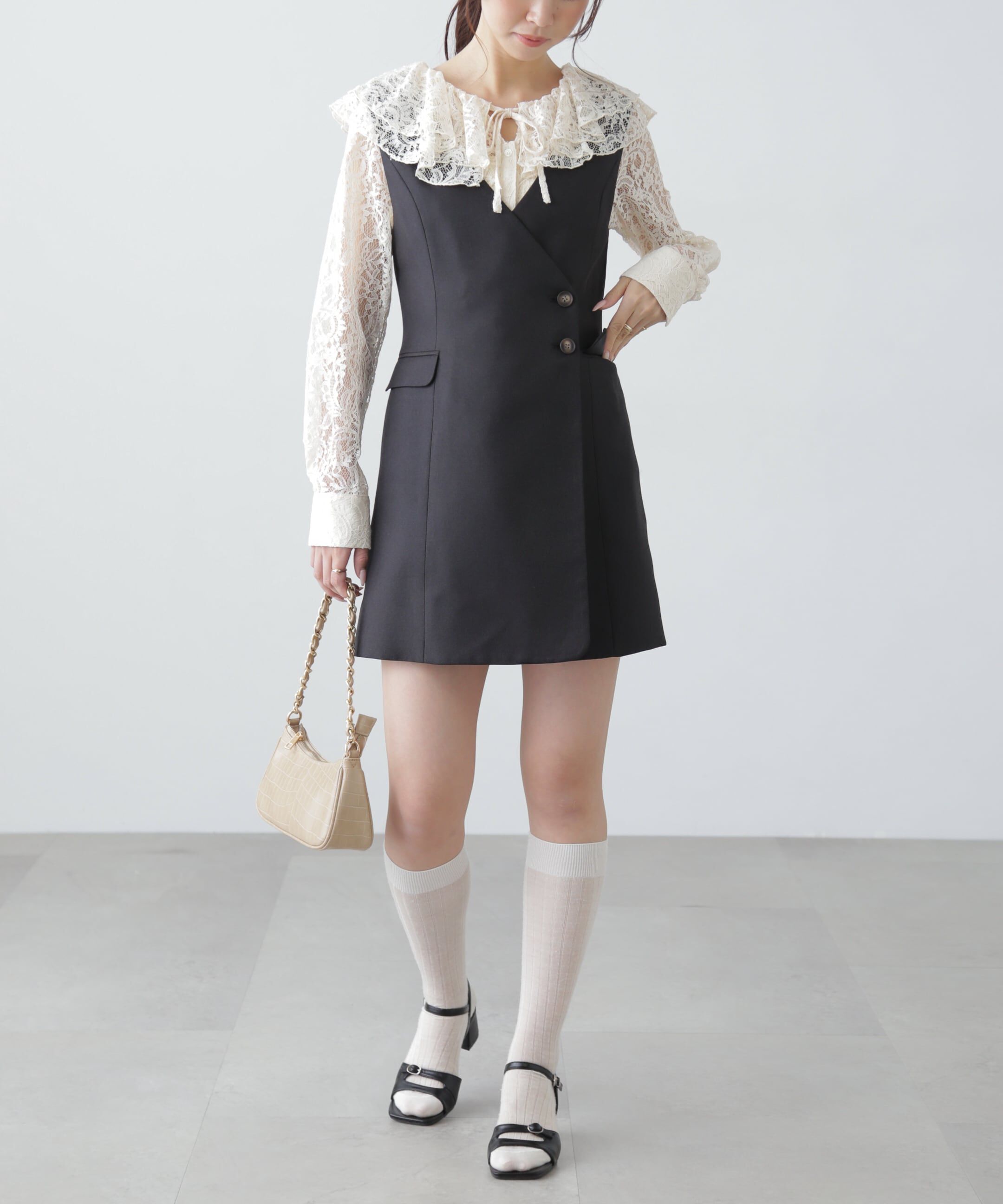  「ジレ風ラップミニジャンパースカート」|ワンピース|