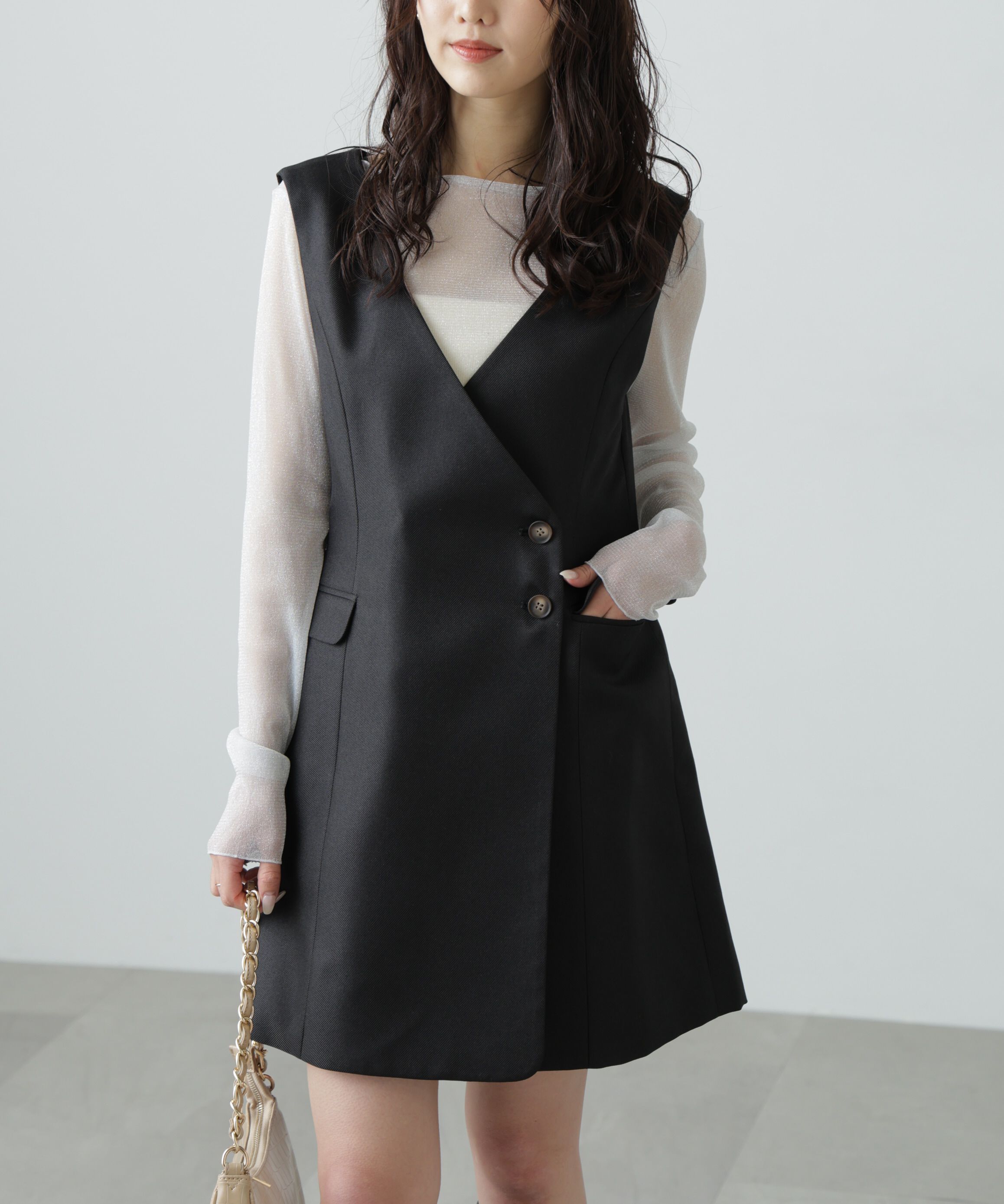  「ジレ風ラップミニジャンパースカート」|ワンピース|