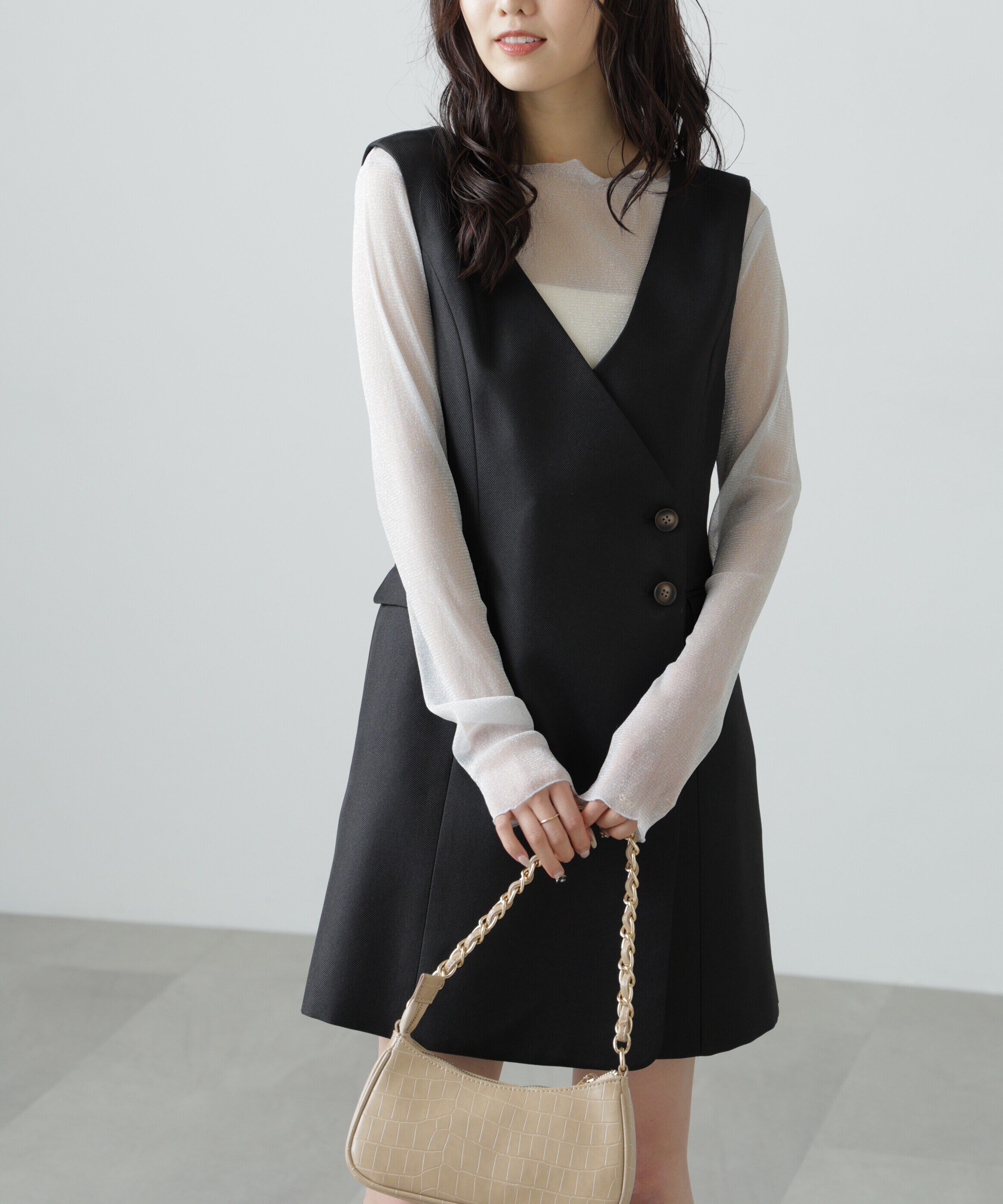  「ジレ風ラップミニジャンパースカート」|ワンピース|