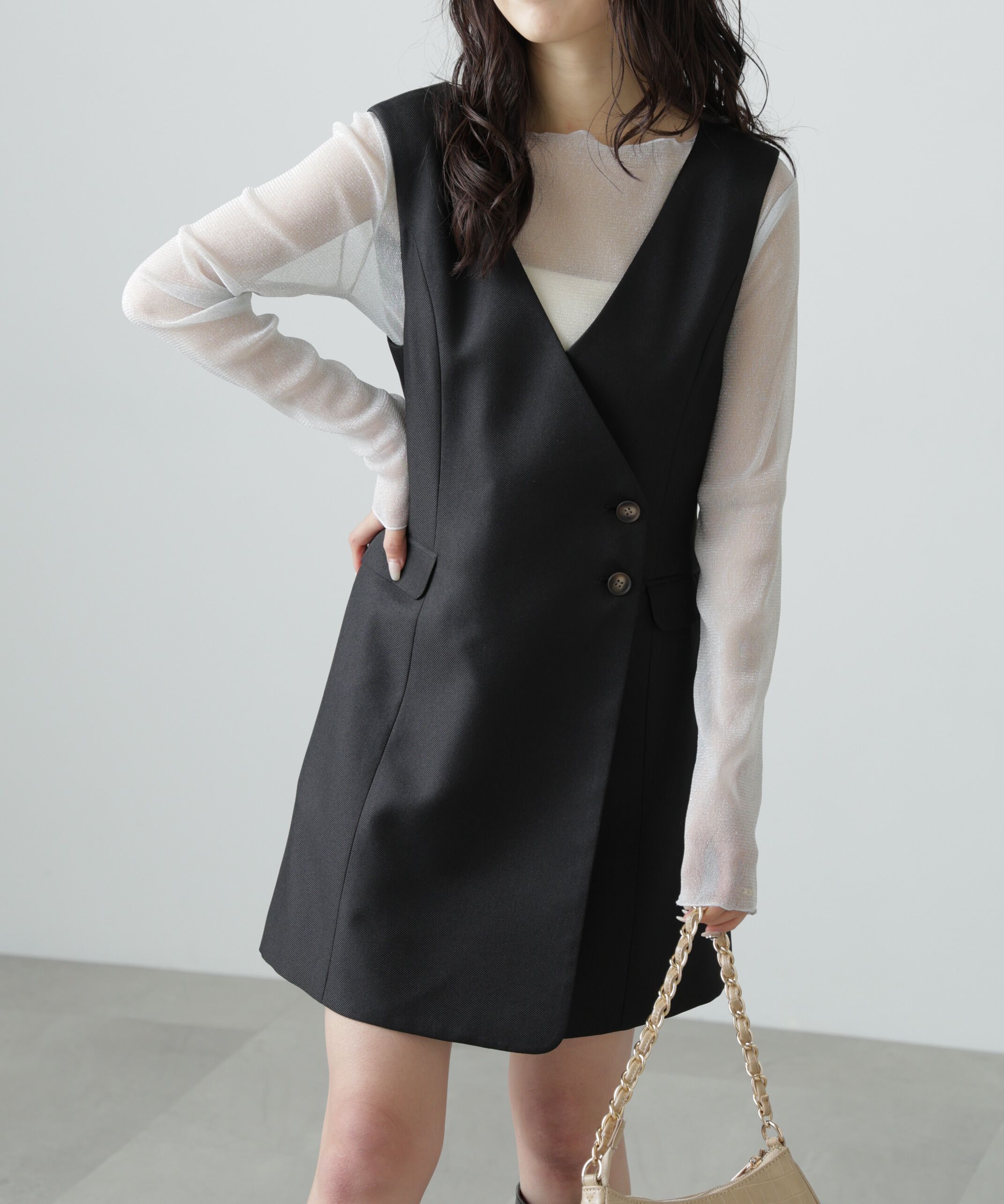  「ジレ風ラップミニジャンパースカート」|ワンピース|