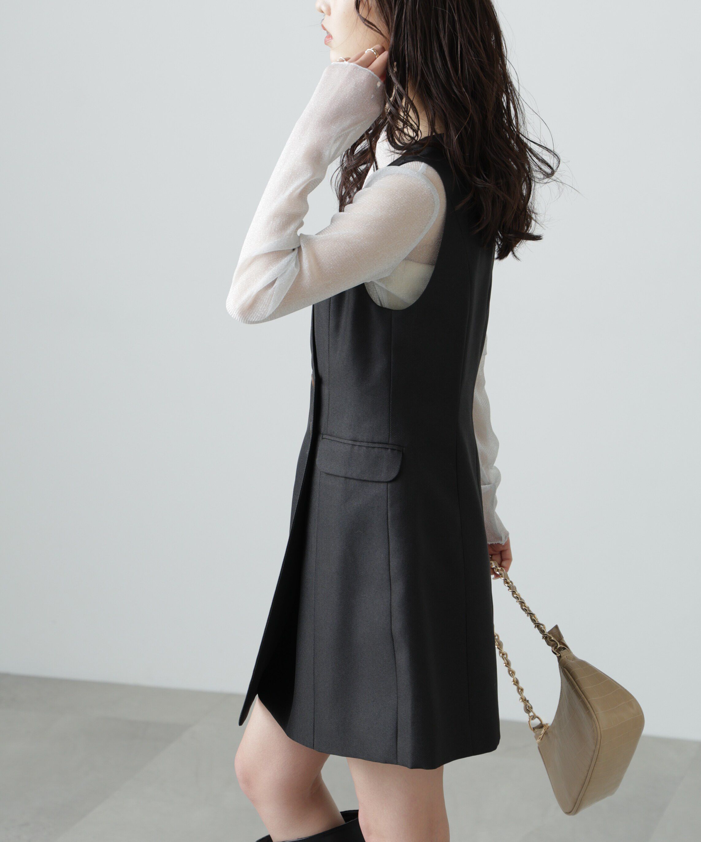  「ジレ風ラップミニジャンパースカート」|ワンピース|