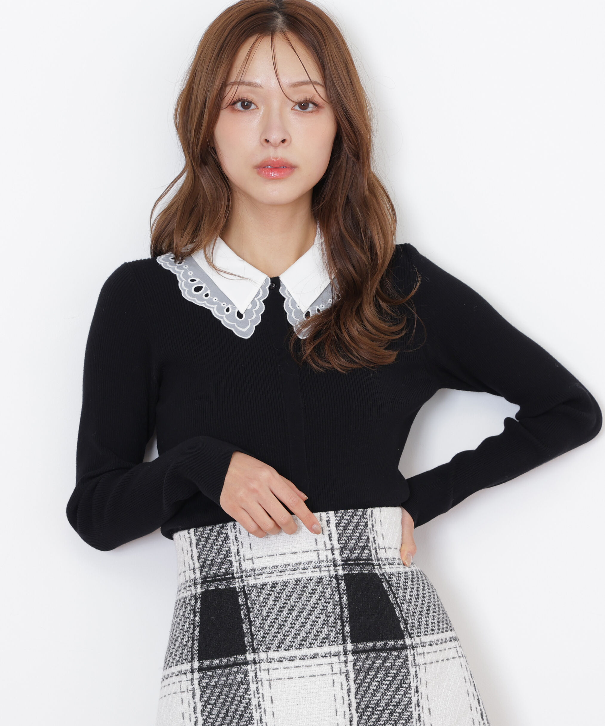  「レース衿レイヤードニット」|ニット・セーター|ブラック