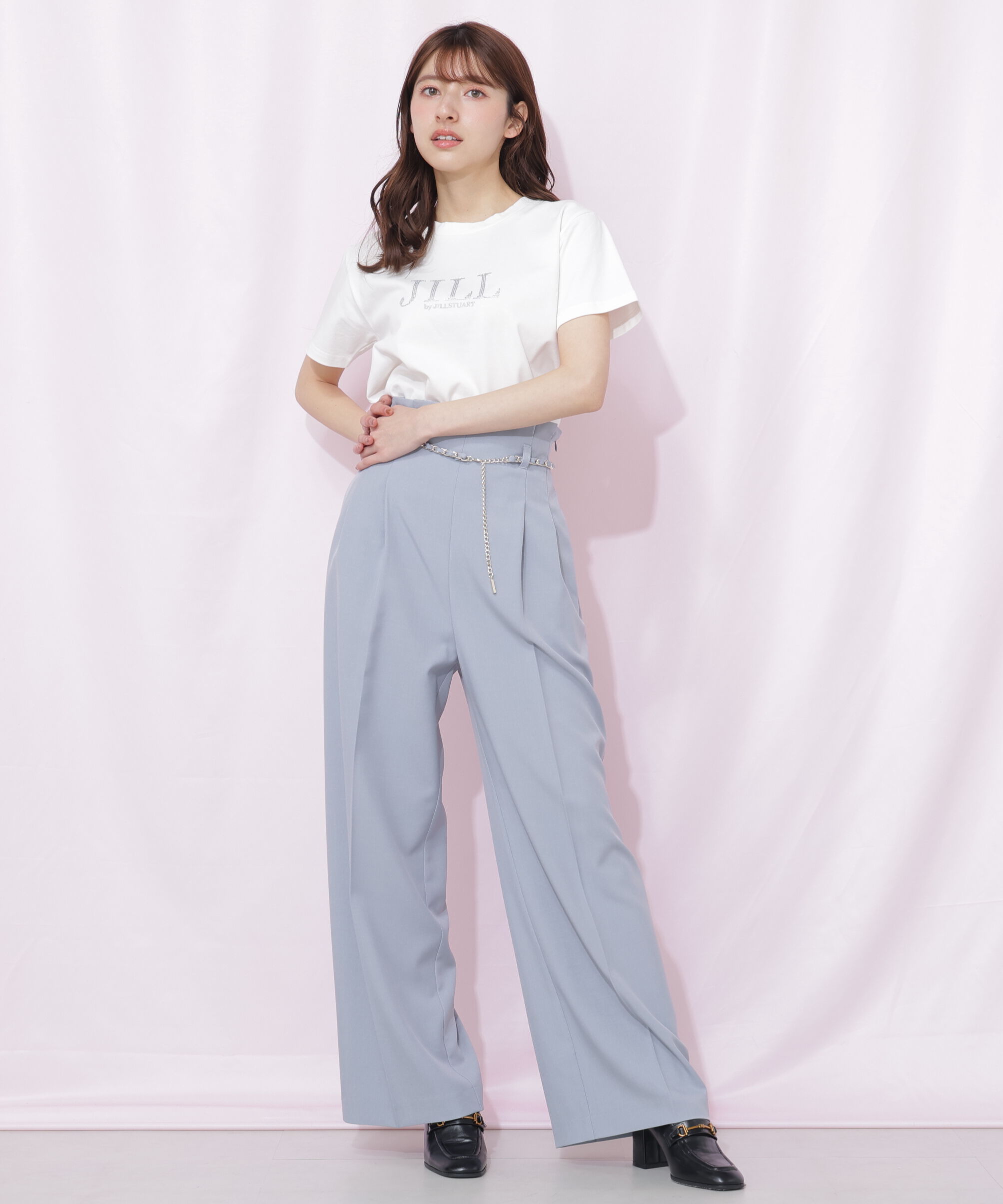  「チェーンベルトタックワイドパンツ」|その他|ブルー