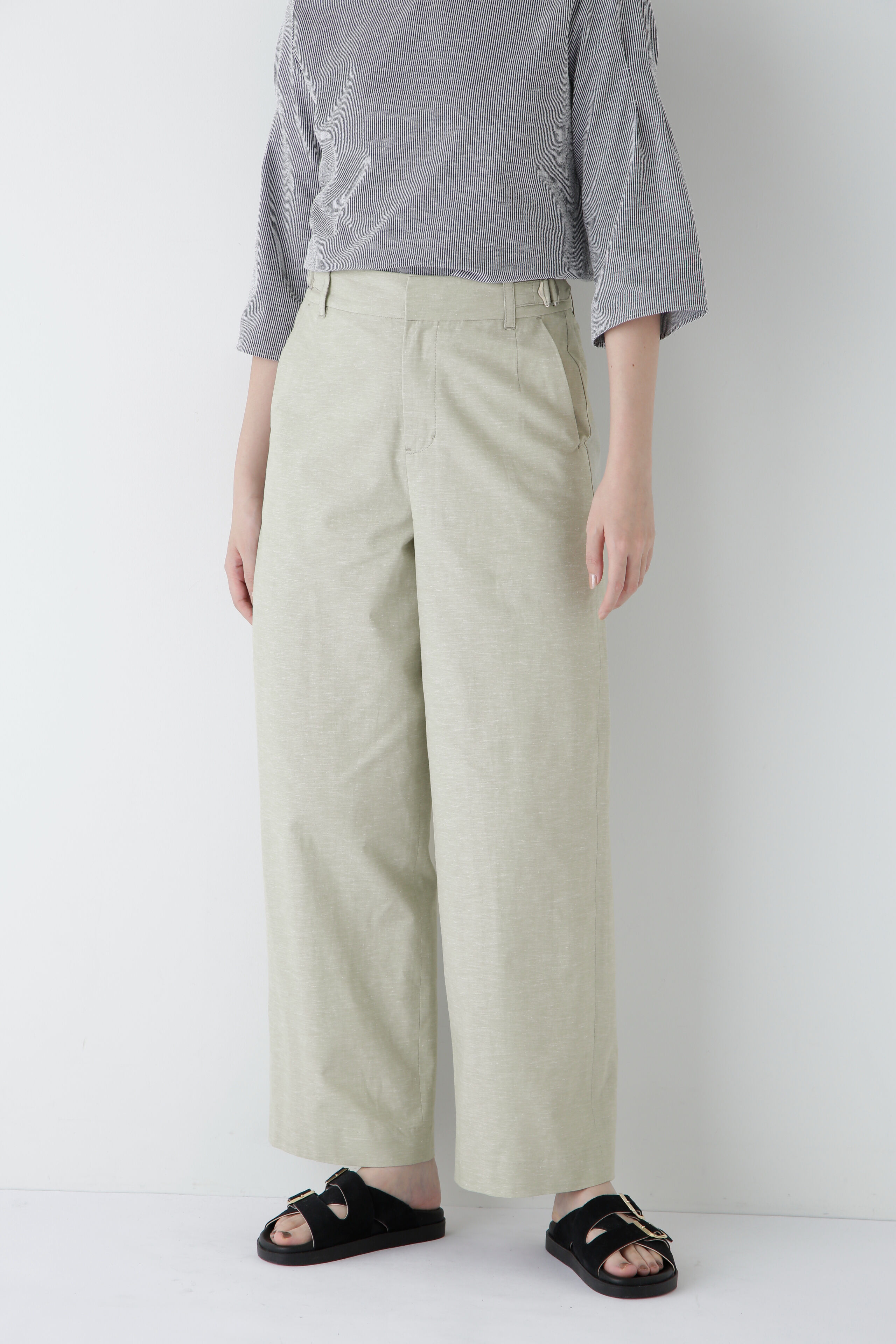  「◆綿麻シャンブレーセミワイドパンツ」|その他|カーキ