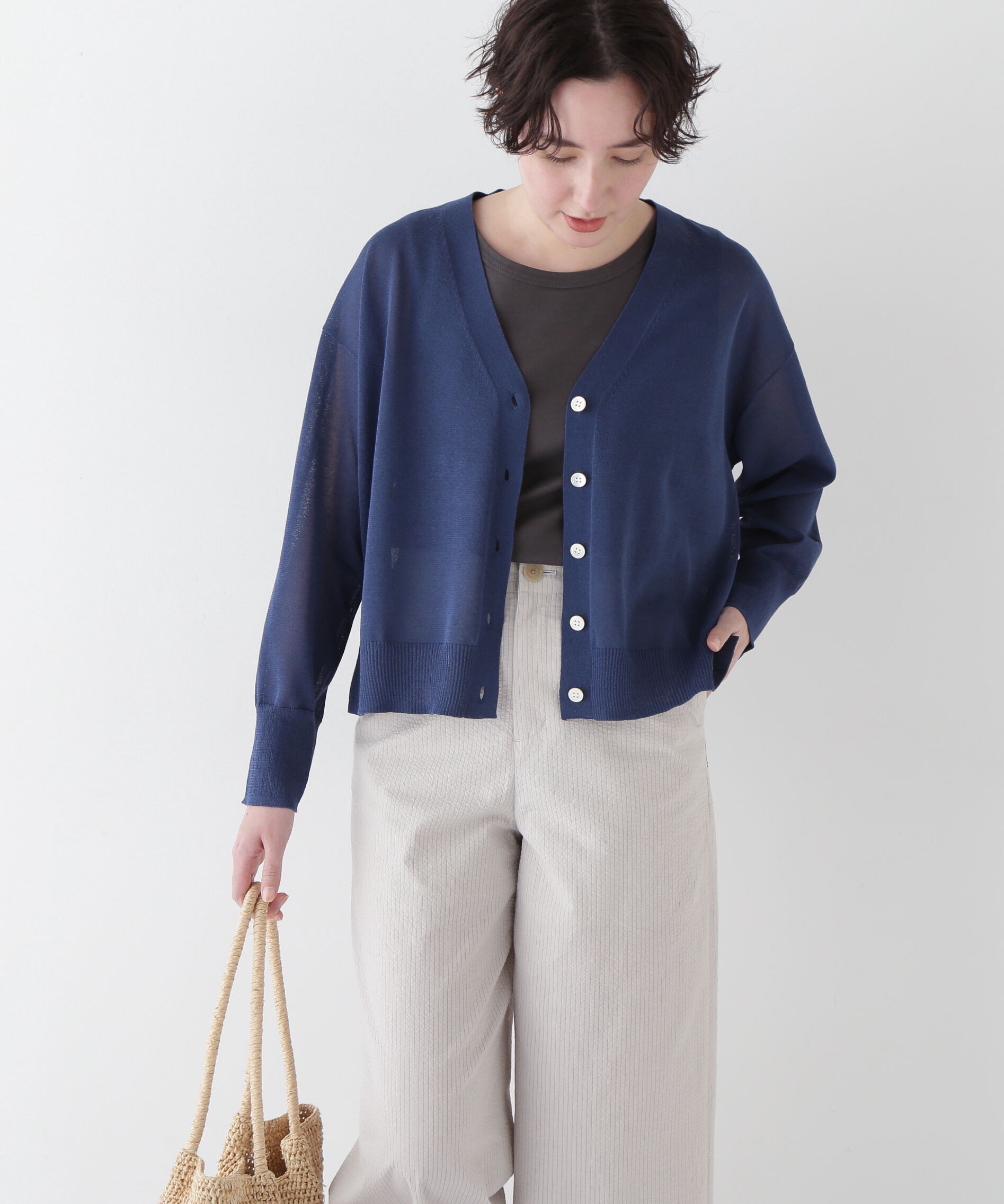  「◆【ウォッシャブル】シアーハイゲージ長袖カーディガン」|ニット・セーター|ネイビー