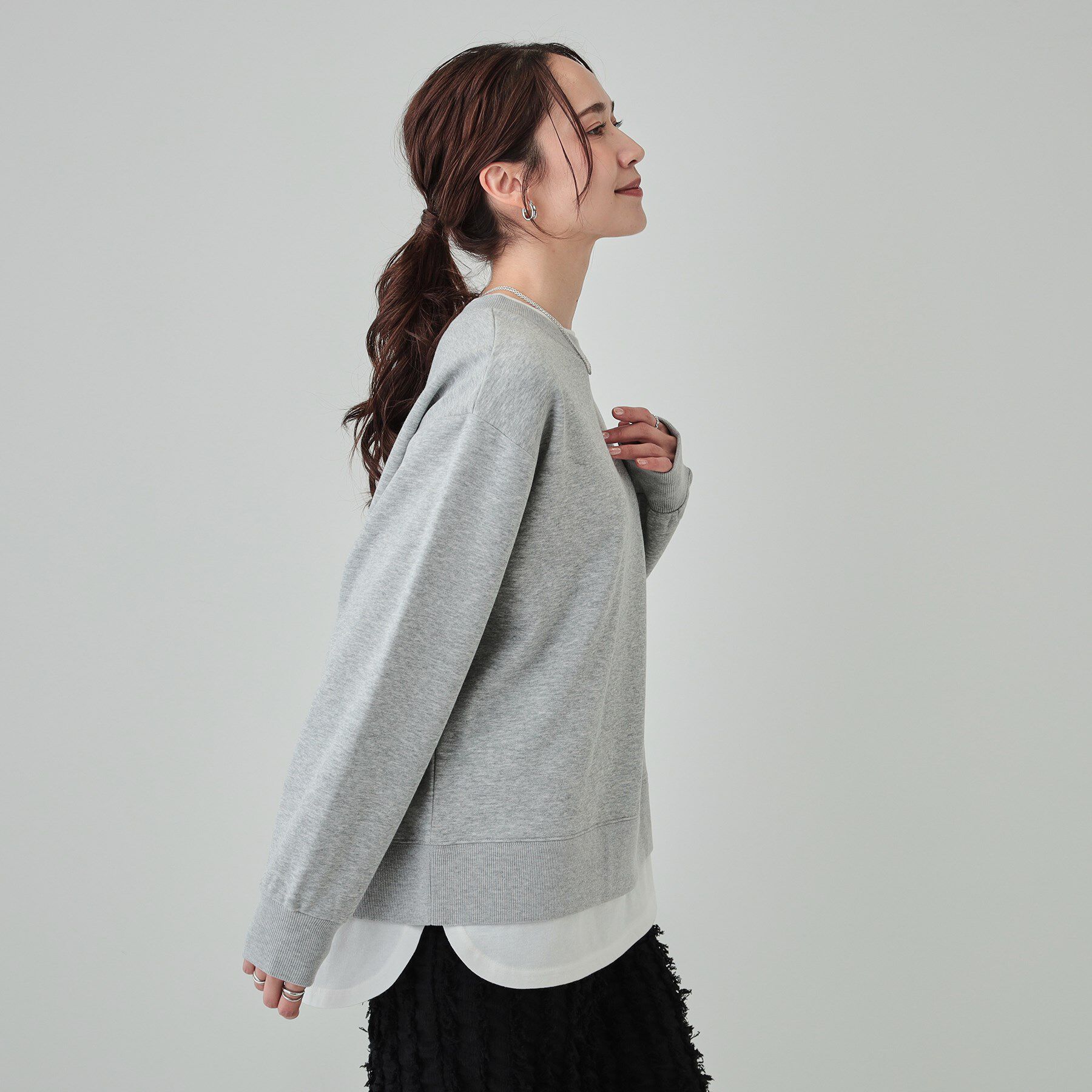 SHOO･LA･RUE「【洗える/S-LL】着るだけ簡単こなれ感 裏起毛レイヤード風スウェット【SHOO WARM】」|パーカー|