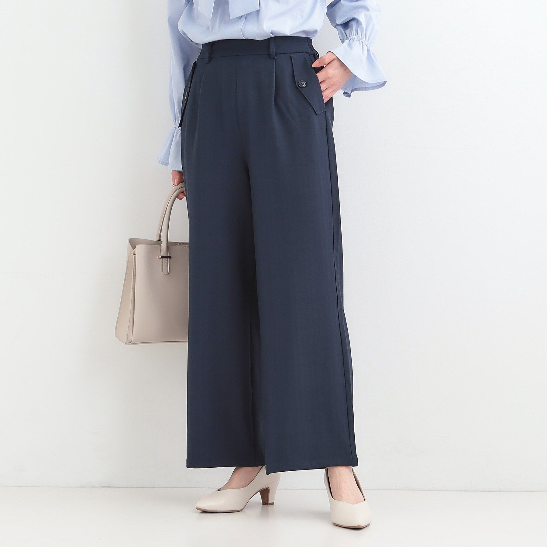 SHOO･LA･RUE「【洗濯機可/S-LL】フラップポケットがアクセント ヘリンボーンワイドパンツ」|その他|ネイビー(094)