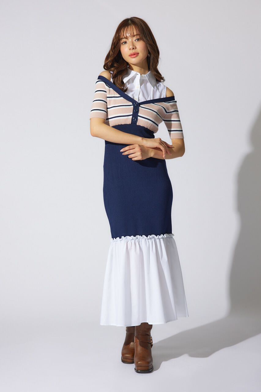 rienda「シャツレイヤードコンビマーメイドニットワンピース」|ワンピース|柄PNK5