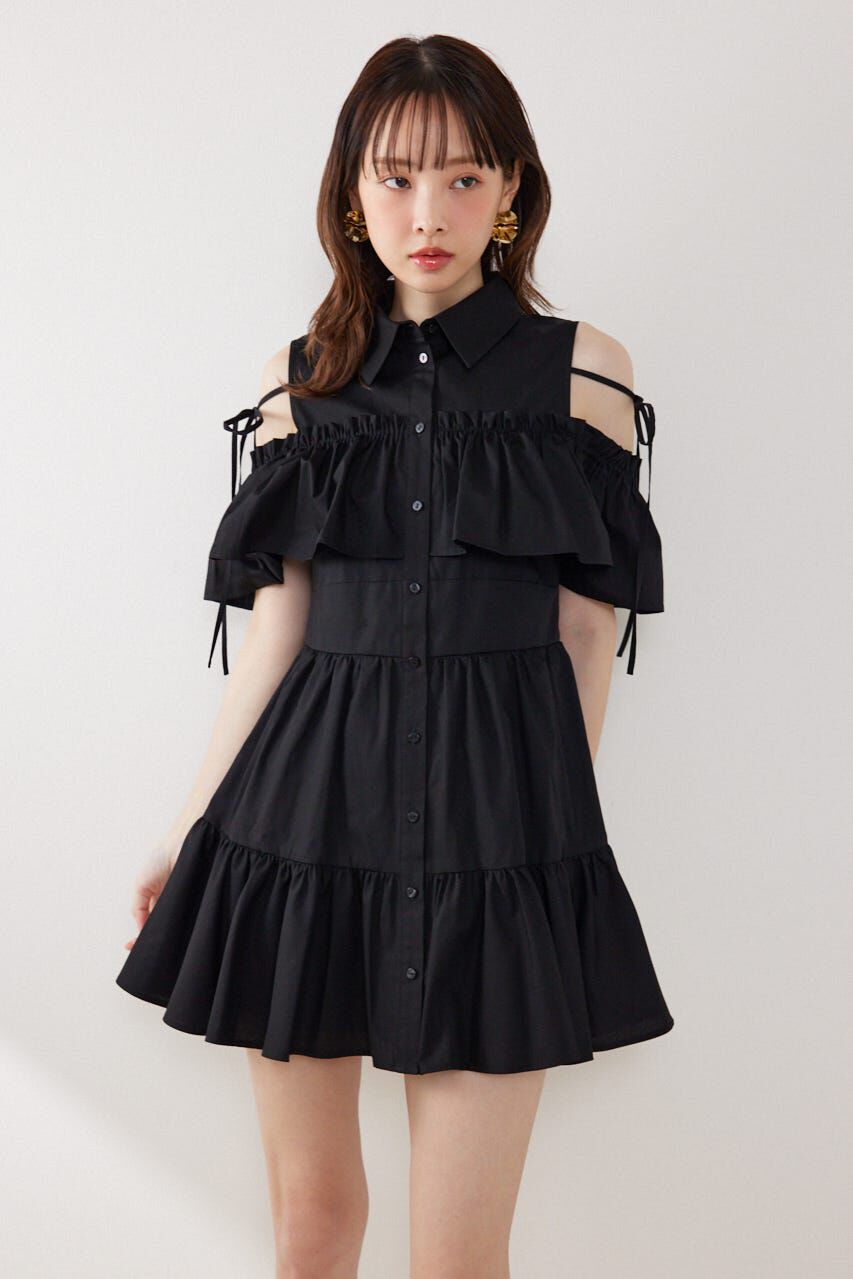 rienda「オフショルフリルティアードミニワンピース」|ワンピース|BLK