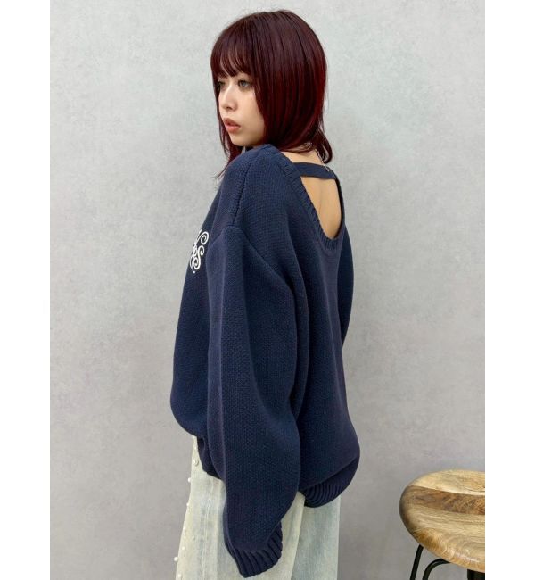 EVRIS「ワンポイントバックオープンニットトップス」|ニット・セーター|ネイビー