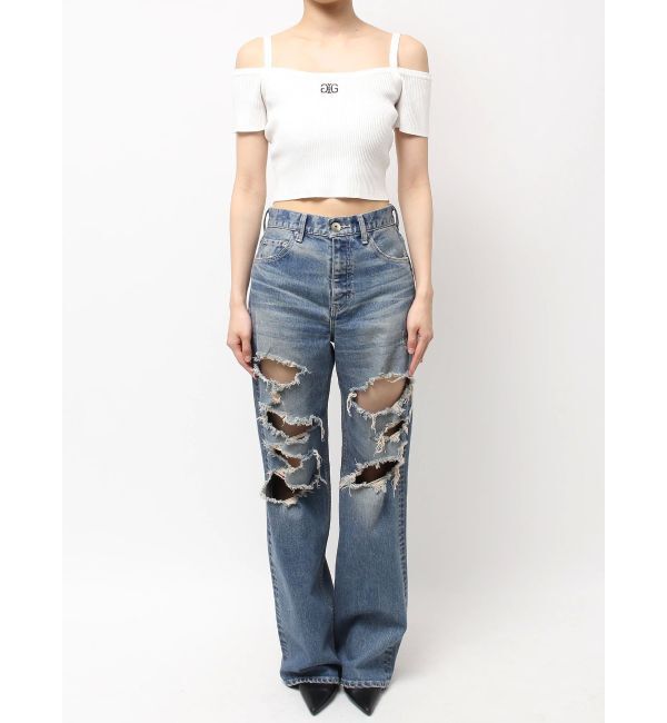 GYDA「ハイウエスト tear up damageストレートワイドデニムパンツ」|デニム|
