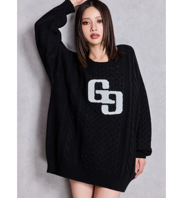 GYDA「GGサガラ刺繍ケーブルニットトップス」|ニット・セーター|ブラック