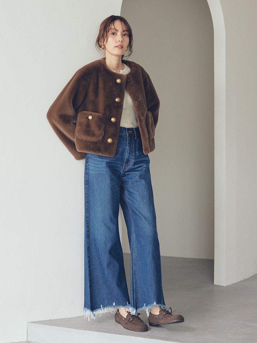 Mila Owen「裾フリンジクロップドフレアデニムパンツ」|デニム|